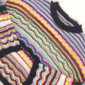 Colorful Crochet Knit Sweater Women Large Boho Bright Lagenlook Pullover Cottage